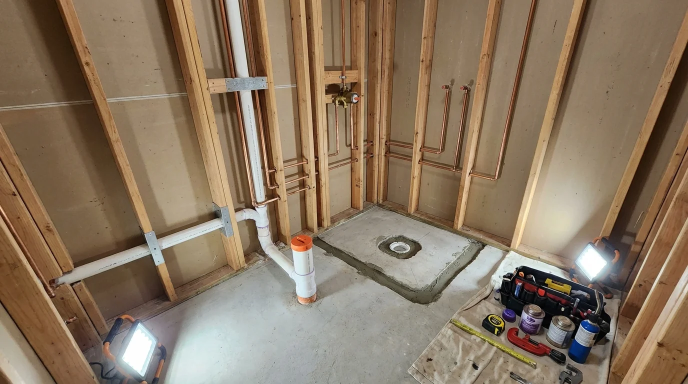 Bathroom rough-in plumbing during remodel by Johns Plumbing LLC in Vallejo