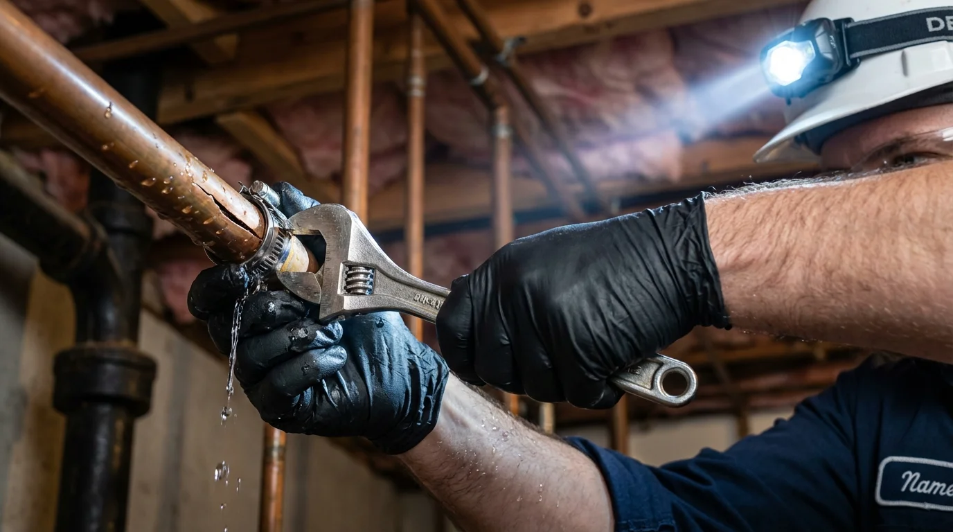Emergency pipe clamp repair being performed by a Johns Plumbing LLC plumber in Vallejo