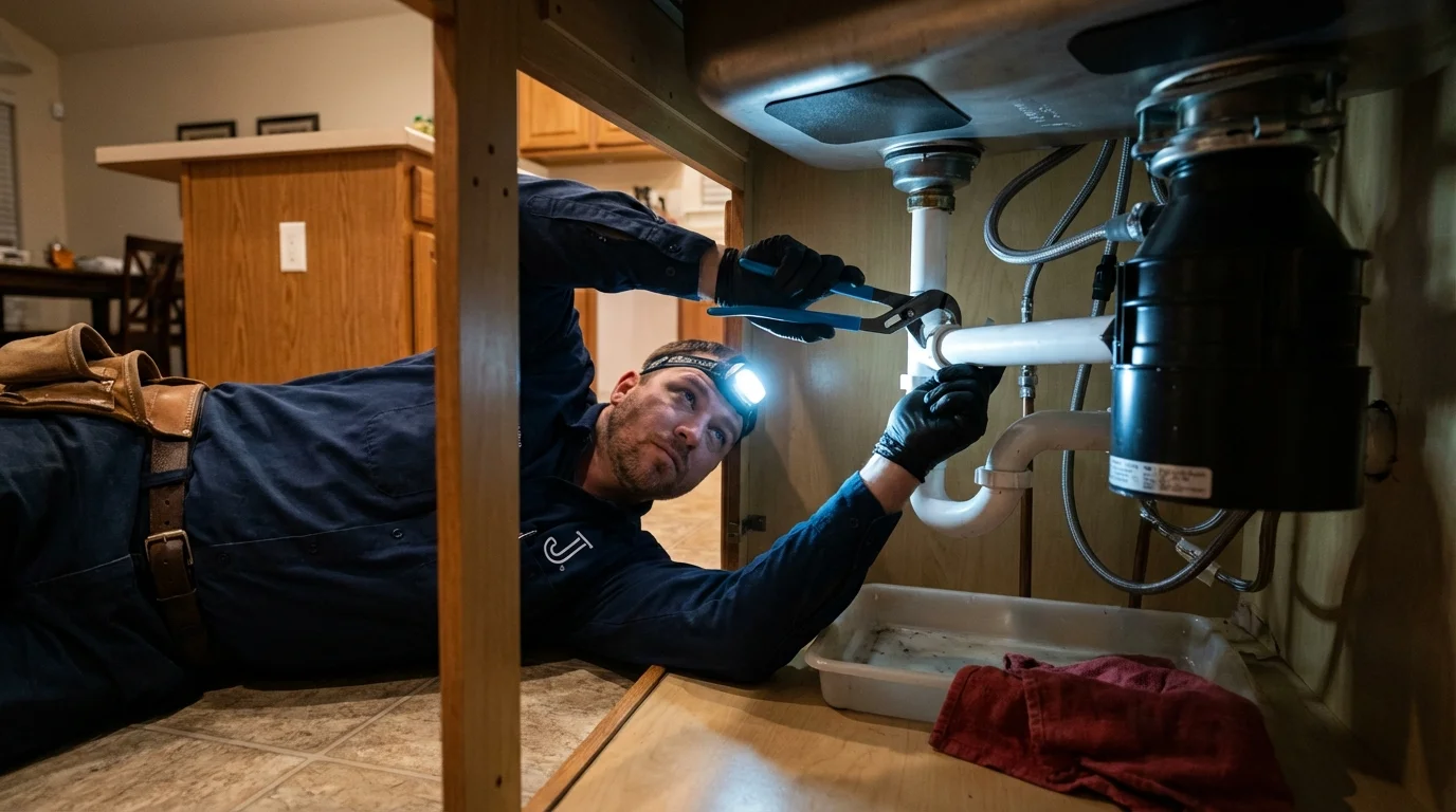 P-trap and supply line connections under a kitchen sink showing a common leak point in Vallejo, CA